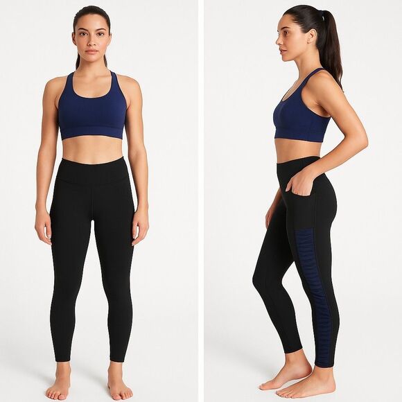 Athleta Salutation 7/8 Small Black Navy Mesh Cutout Leggings w/ Pockets - Picture 1 of 10